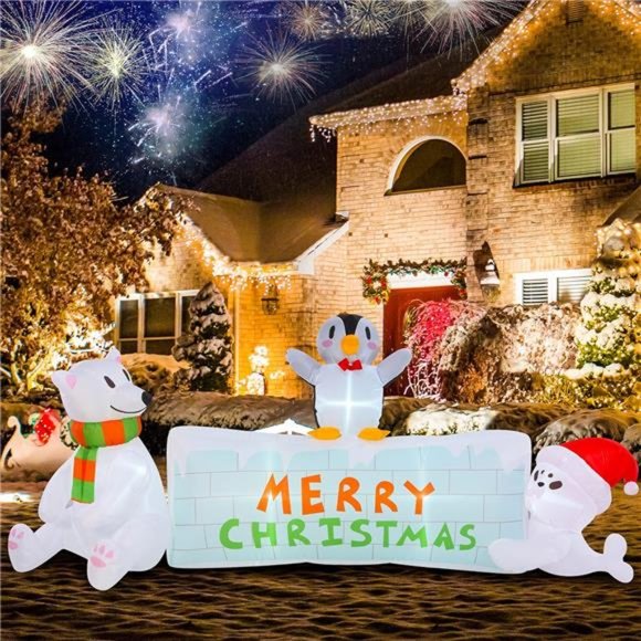 8 FT Christmas Inflatable Ice Bricks Banner with Polar Bear, Penguin & Seal